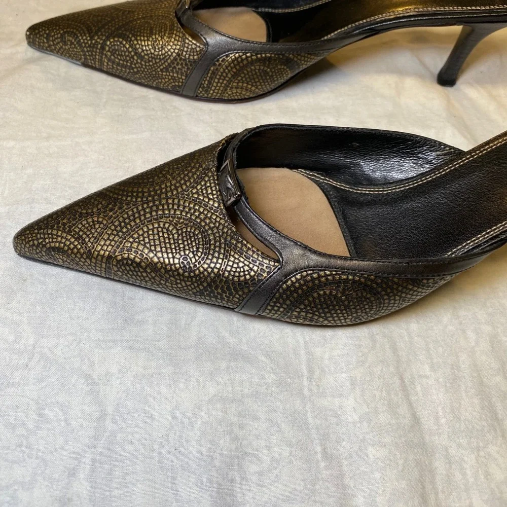 Cole Haan City Women's Mule Heels 9B Bronze Black Leather‎ Pointed Toe
